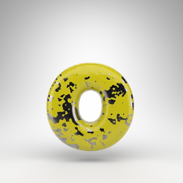 Letra O em minúsculas em fundo branco. Fonte renderizada 3D com tinta amarela velha em textura de metal brilhante.