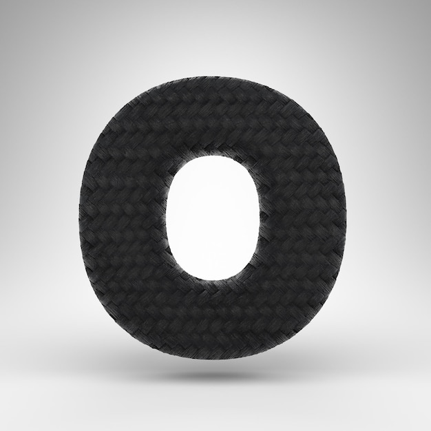 Letra o maiúscula em fundo branco. fonte renderizada 3d de fibra de carbono preta com textura de fio de carbono.