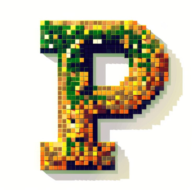 Foto letra p em estilo de pixel art voxel de 8 bits isolada em branco ideal para jogos retro e digitais