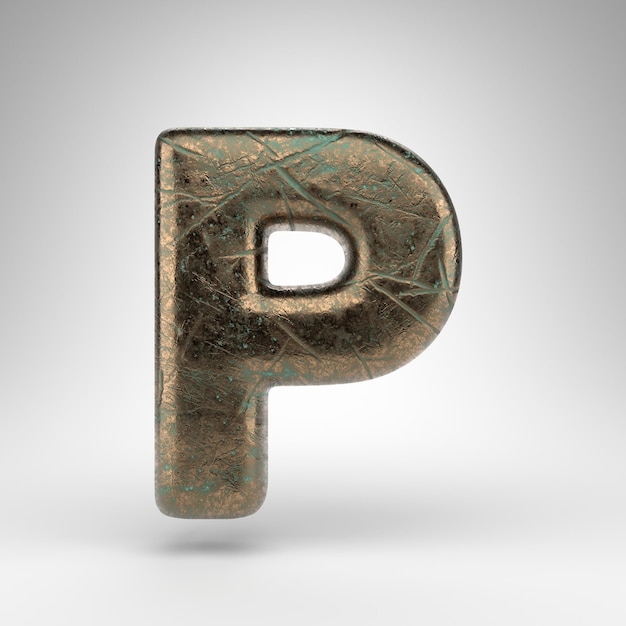 Letra P mayúscula sobre fondo blanco. Fuente renderizada en 3D de bronce con textura rayada oxidada.