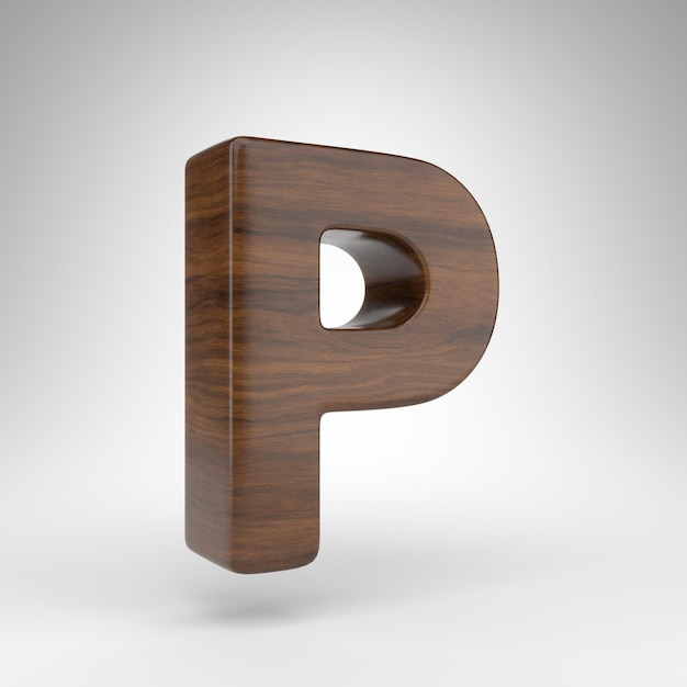 Letra P mayúscula sobre fondo blanco. Fuente renderizada 3D de roble oscuro con textura de madera marrón.