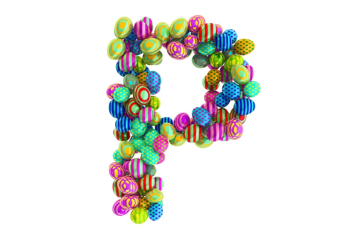 Foto letra p de renderizado 3d de huevos de pascua de colores