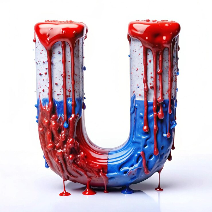 Foto letra de pintura roja y azul goteante u con superficie texturizada sobre fondo blanco