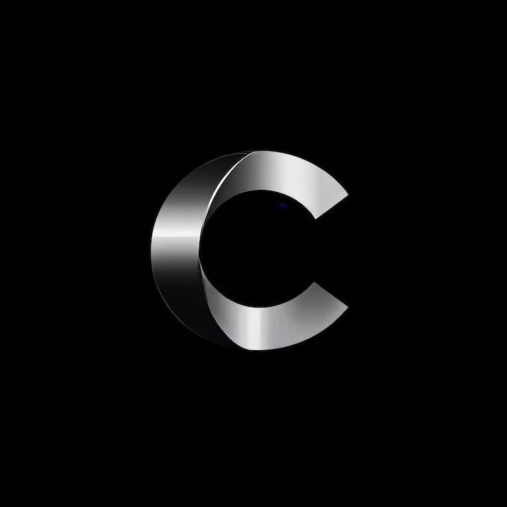 Foto una letra plateada brillante c que está en un fondo negro
