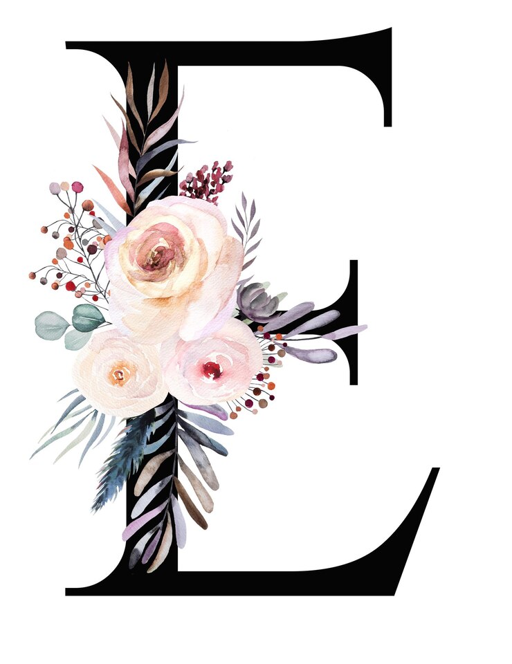 Foto letra preta e com buquê de inverno aquarela pastel isolado no branco. carta de inverno boho com folhas, bagas e flores em azul, lavanda e rosa. elementos florais do alfabeto para design de casamento