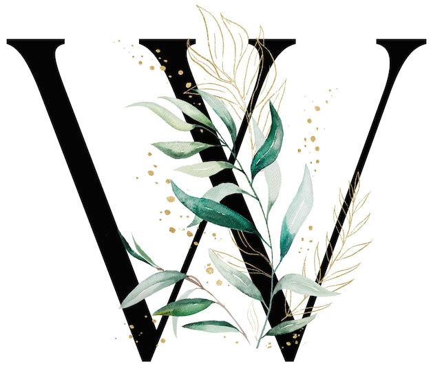 Foto letra preta w com folhas e galhos de aquarela verdes e douradas ilustração isolada alfabeto elementos verdes para papelaria de casamento e cartões de felicitações