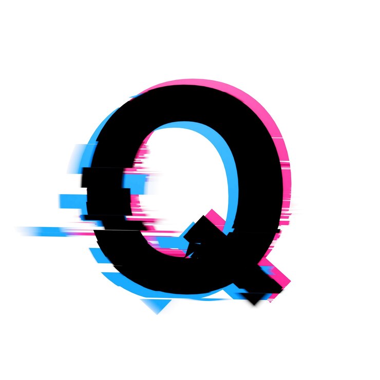 Foto letra q distorsionada neón glitch efecto texto fuente d render