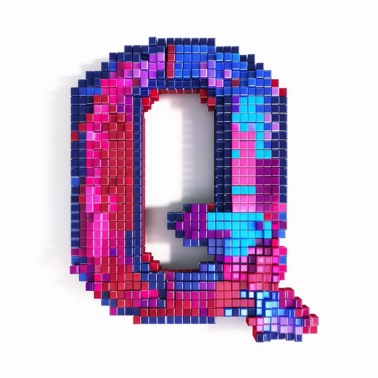 Foto letra q en estilo de pixel art voxel de 8 bits aislada en blanco perfecta para juegos retro y digitales