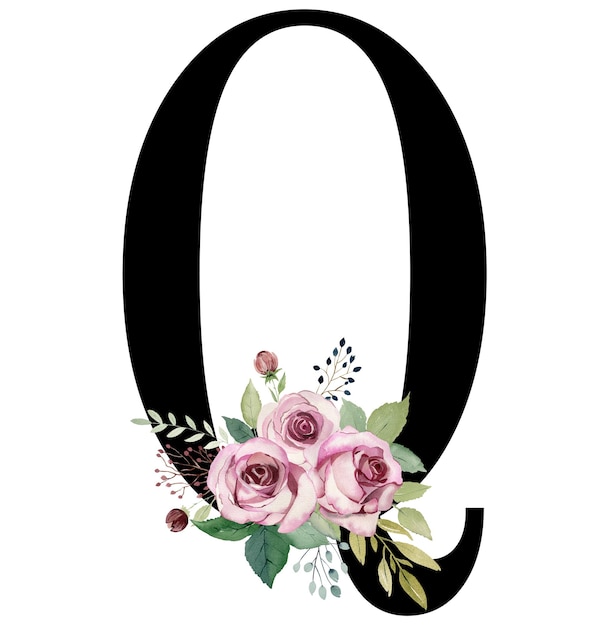 Letra Q floral con rosas acuarelas