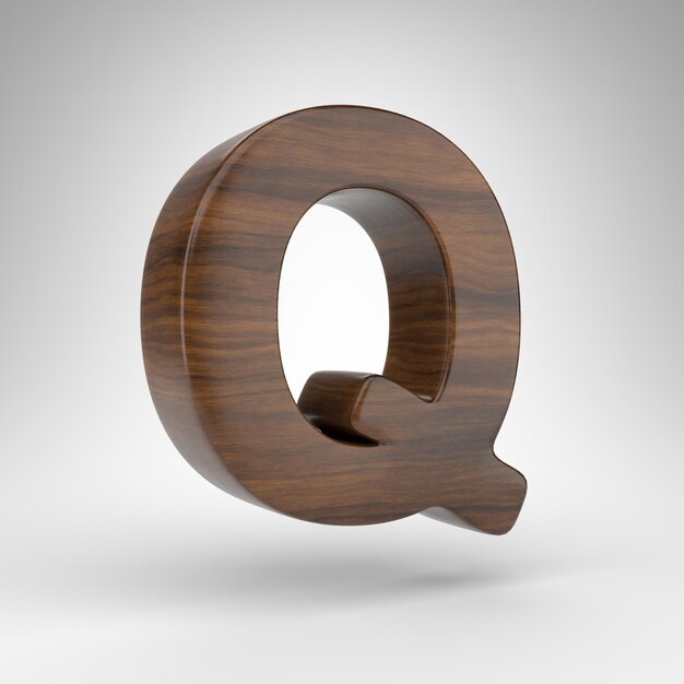 Letra Q maiúscula em fundo branco. Carvalho escuro 3D renderizado fonte com textura de madeira marrom.