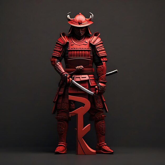 La letra R en color rojo 3D con un samurai en un fondo negro AI