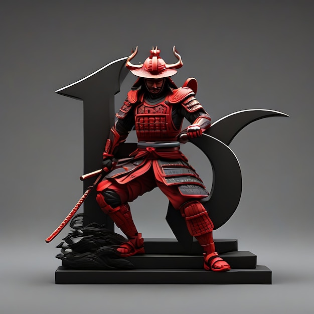 La letra R en color rojo 3D con un samurai en un fondo negro AI