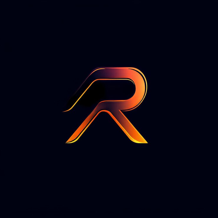 Foto letra r diseño del logotipo en 3d naranja sobre un fondo oscuro con reflejo