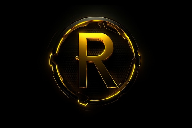 Foto letra r do logotipo amarelo de risco biológico futurista em um fundo preto, o logotipo está no estilo rápido