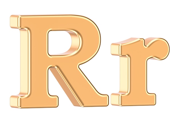 Letra R dourada em inglês com serifas em renderização 3D
