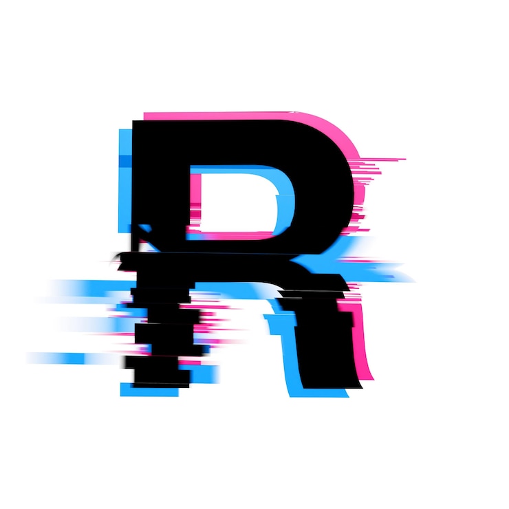 Foto letra r efecto de falla de neón distorsionada fuente de texto d render