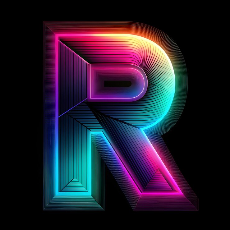 Foto una letra r está impresa en colores de neón y tiene un fondo negro