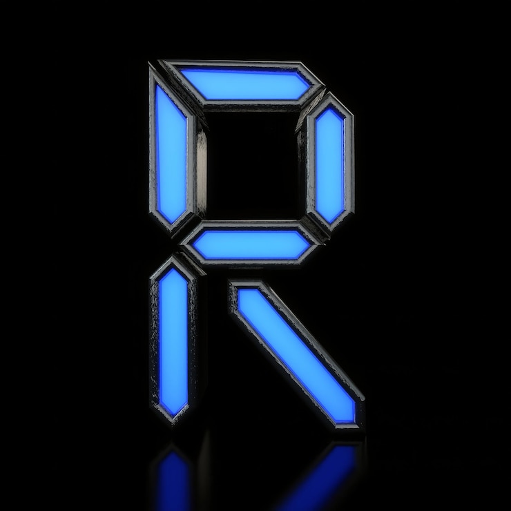 Foto letra r fuente digital led de neón azul futurista representación 3d