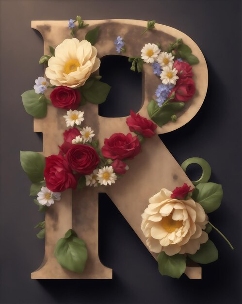 una letra R hecha de madera con rosas y rosas