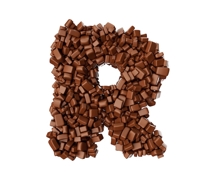 Foto letra r hecha de trozos de chocolate trozos de chocolate alfabeto letra r ilustración 3d