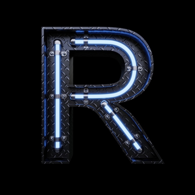 Letra R de luz de neón con luces de neón azules.