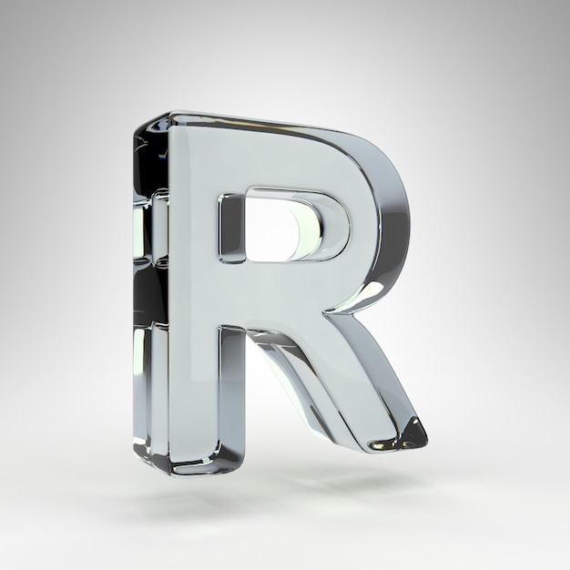 Letra R maiúscula em fundo branco. Fonte renderizada 3D de vidro transparente da lente da câmera com dispersão.