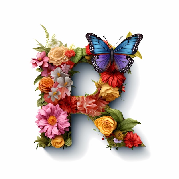 Foto la letra r mayúscula está hecha de flores y mariposas flores envueltas letra floral letra