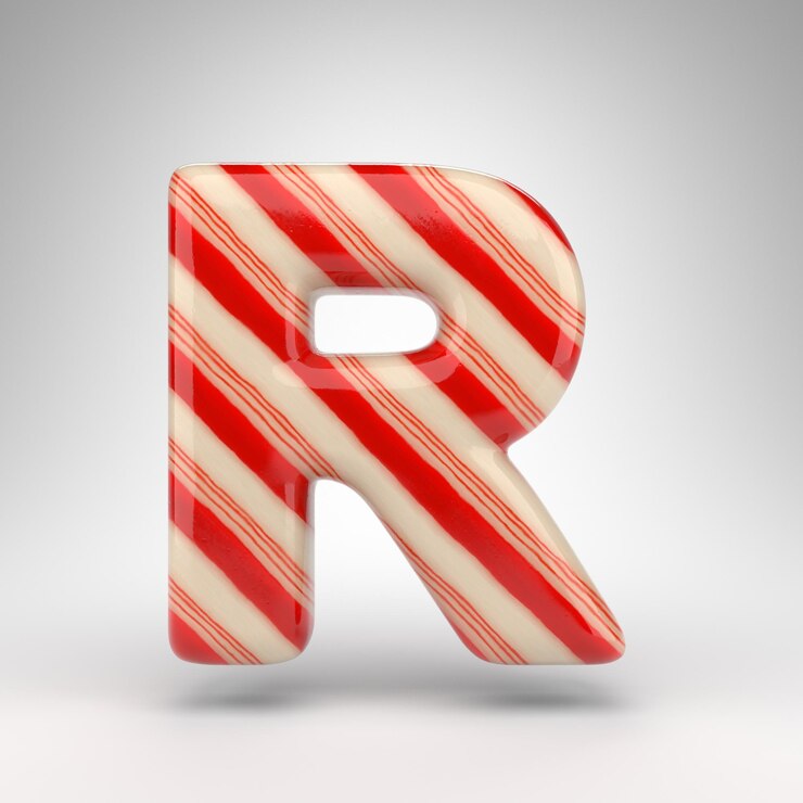 Foto letra r mayúscula sobre fondo blanco. candy cane 3d prestados fuente con líneas rojas y blancas.