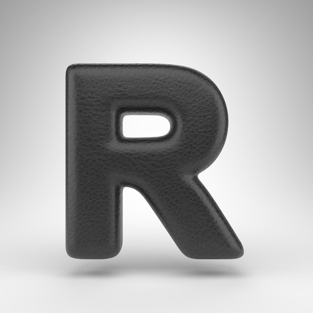Letra R mayúscula sobre fondo blanco. Fuente renderizada 3D de cuero negro con textura de piel.