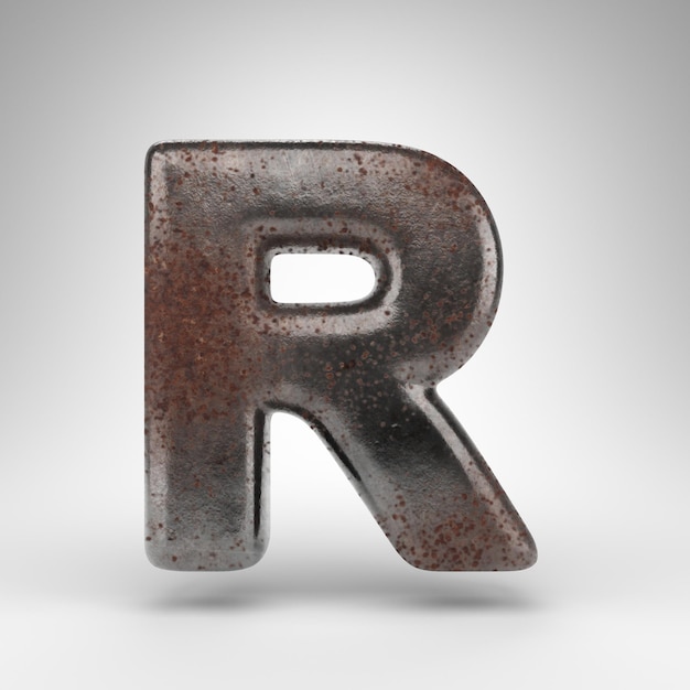 Letra R mayúscula sobre fondo blanco. Fuente renderizada 3D de metal oxidado con textura oxidada.