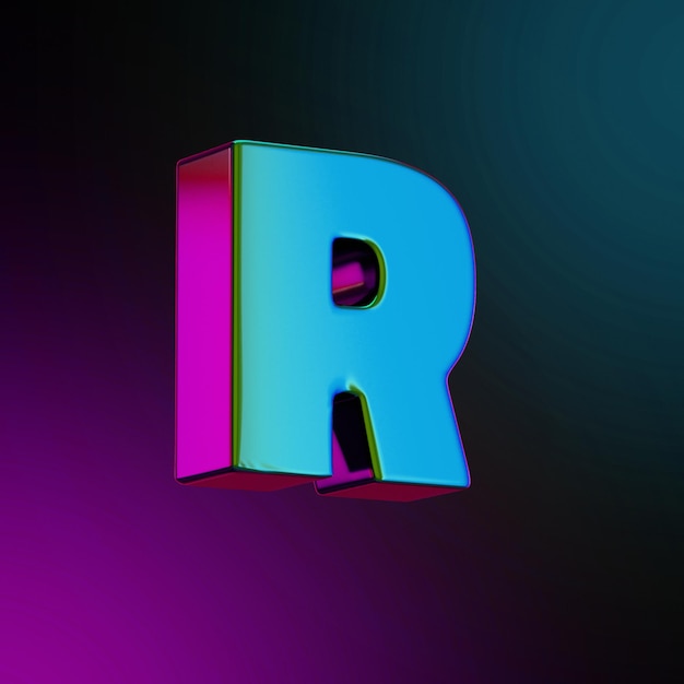 Letra r Metal de color neón Ilustración renderizada en 3d Color azul y púrpura aislado. Ilustración 3D