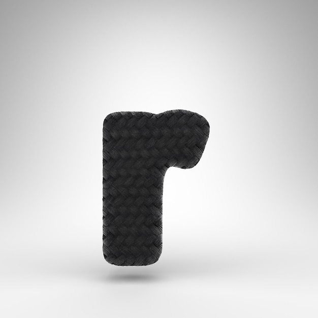 Letra R minúscula sobre fondo blanco. Fuente renderizada 3D de fibra de carbono negro con textura de hilo de carbono.