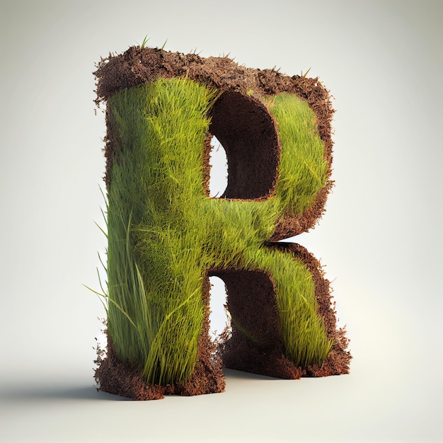 Letra R con suelo de hierba y suelo en el alfabeto sobre fondo blanco Concepto de naturaleza y tipografía IA generativa