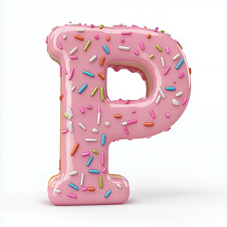 Foto letra de rosquilla rosa p con salpicaduras de colores aisladas sobre un fondo blanco