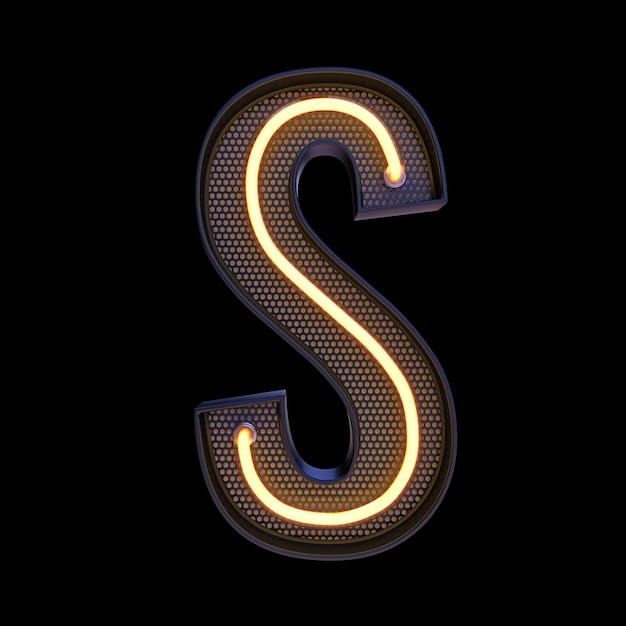 Letra S do alfabeto de luz retrô de néon isolada em um fundo preto com traçado de recorte. ilustração 3D.