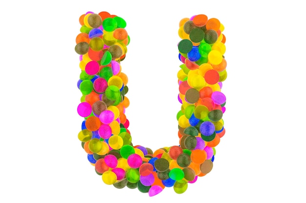 La letra U de los caramelos de mermelada de color renderizado en 3D aislado en fondo blanco