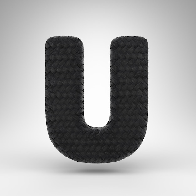 Letra U mayúscula sobre fondo blanco. Fuente renderizada 3D de fibra de carbono negro con textura de hilo de carbono.