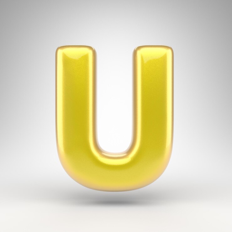 Foto letra u mayúscula sobre fondo blanco. pintura de coche amarillo fuente renderizada en 3d con superficie metálica brillante.