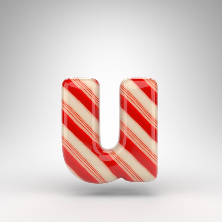 Foto letra u minúscula sobre fondo blanco. candy cane 3d prestados fuente con líneas rojas y blancas.