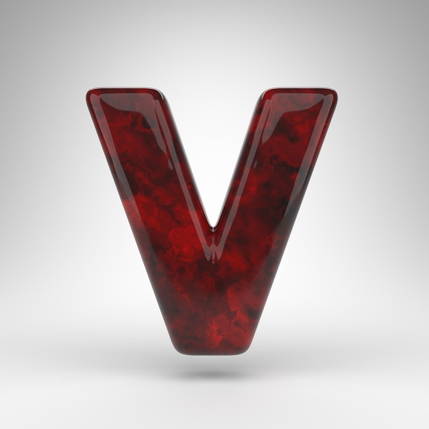 Letra V maiúscula em fundo branco. Carta 3D âmbar vermelha com superfície brilhante.