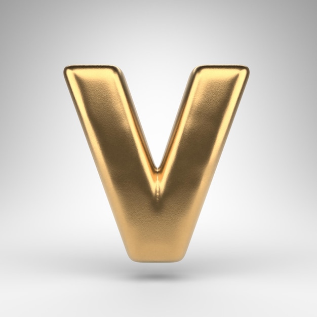 Letra V mayúscula sobre fondo blanco. Fuente renderizada 3D de oro con textura de metal brillante.