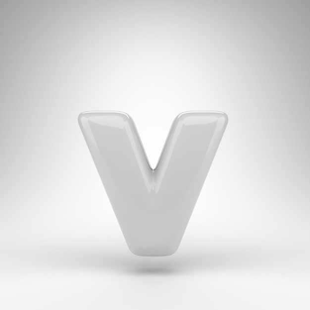 Letra V minúscula em fundo branco. Fonte renderizada 3D de plástico branco com superfície brilhante.