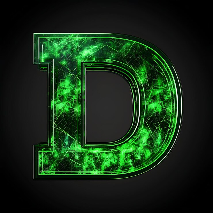 Foto una letra verde d que está iluminada con un fondo negro
