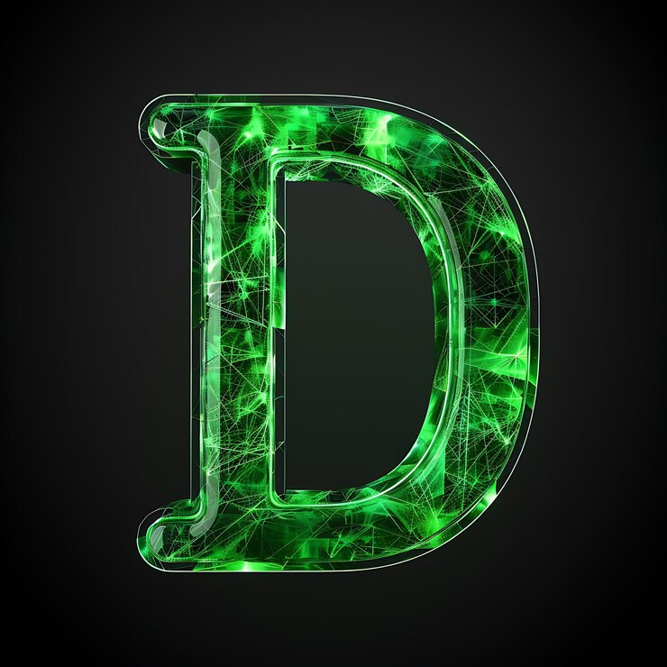 Foto una letra verde d que está iluminada con un fondo negro