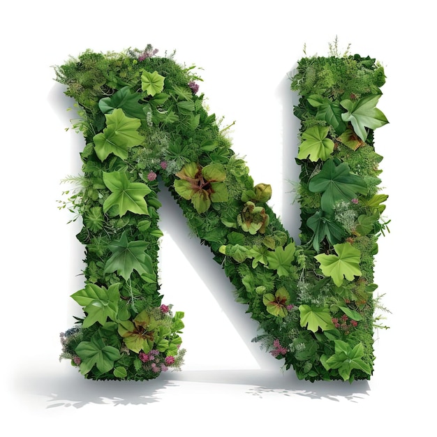 letra verde n feita com folhas de plantas em segundo plano