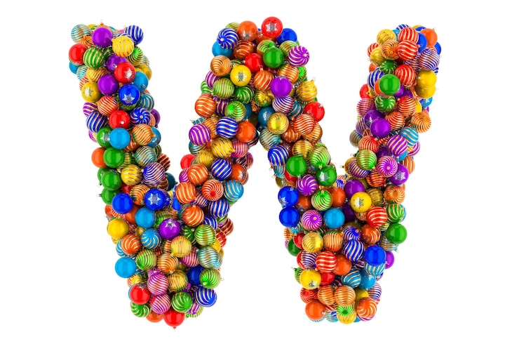 Foto letra w de bolas de navidad de colores fuente de bolas de navidad representación 3d