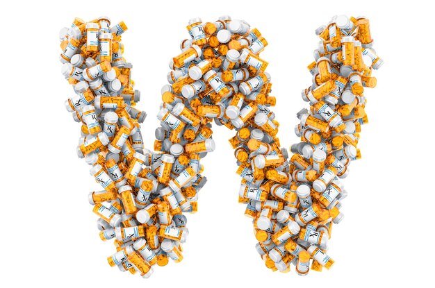 Letra W de botellas médicas con renderizado 3D de drogas