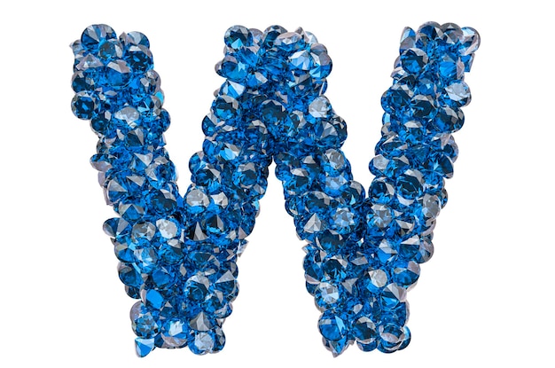Foto letra w de diamantes azules o zafiros con renderizado 3d de corte brillante aislado sobre fondo blanco