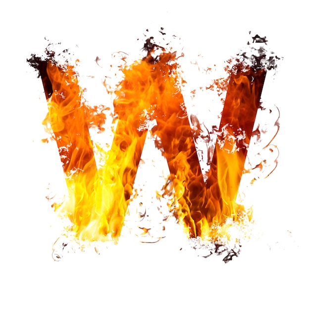 Foto letra w, feita com chamas de fogo isoladas em branco. fonte de chama de fogo do conjunto de letras maiúsculas do alfabeto completo.