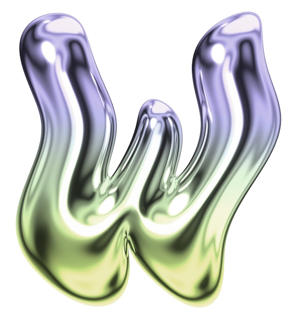 Letra W png holográfica fuente cromada fluida fondo transparente